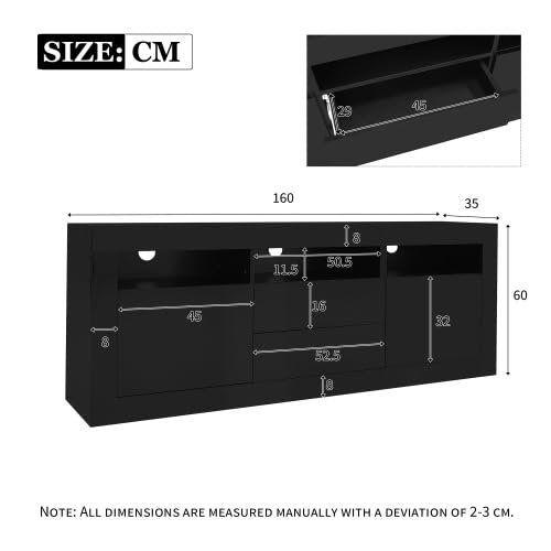 Merax 160 cm TV-Schrank mit LED-Beleuchtung, Hochglanz TV Board für 70 Zoll Fernseher, Push-to-Open Schubladen, 3 offene Fächer & Musiksteuerung, Smart App Steuerung für Wohnzimmer