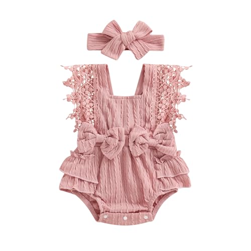 Image of FOMOYUU Infant Baby Girl Lace Romper Boho Clothes Photography Outfits Sleeveless Bow Romper with Headband