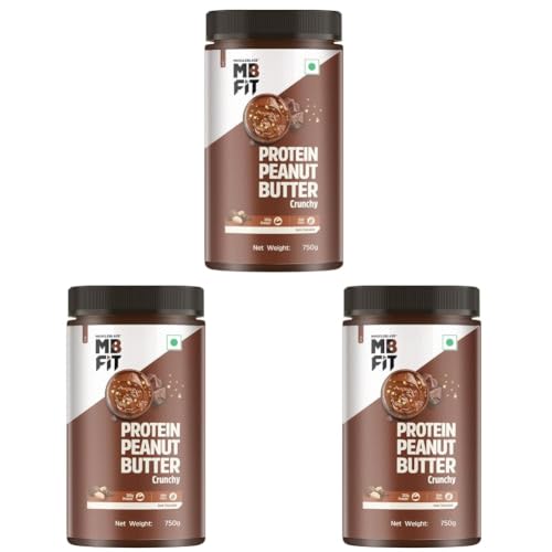 Image of MuscleBlaze High Protein Peanut Butter With Pea Protein & Whey Protein Concentrate, Crunchy, 203 G Protein, Dark Chocolate Spread, 750 Gram (Pack of 3)