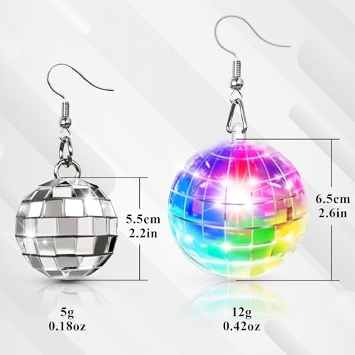 [2-Pair] Fun Disco Ball Earrings, 16 Modes Rechargeable LED Light Up Earrings & 25mm Mirror Ball for Women 70s 80s Disco Party Dance Dress Halloween Costumes Festival Outfits Rave Accessories2