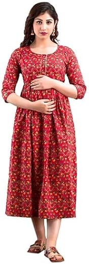 Women's Cotton Maternity Dress Pregnancy Casual Long Sleeve Dual Zipped for Feeding Nursing Maternity Comfort Dress Kurti ...