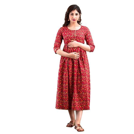 Women's Cotton Maternity Dress Pregnancy Casual Long Sleeve Dual Zipped for Feeding Nursing Maternity Comfort Dress Kurti ...