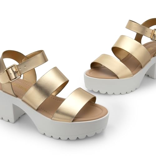 DREAM PAIRS DREAM PAIRS Platform Heels for Women Lightweight Chunky Open Toe Stylish Comfortable Fisherman Sandals with Adjustable Ankle Strap,Size 9,Gold,SDHS2429W