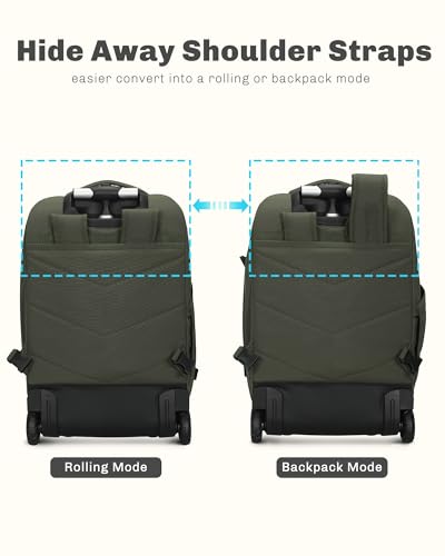 Image of Hynes Eagle 2 in 1 Travel Backpack Set Rolling Backpack with Wheels Carry on Luggage 43L with Personal Item Bag for Men Women 17 inches Laptop Backpack Dark Green