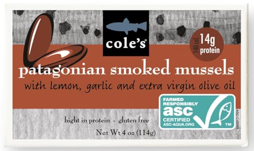 Cole’s Patagonian Smoked Mussels Canned with Lemon & Garlic in Extra Virgin Olive Oil | 4oz Hand-Packed Tinned Mussels | 14g Protein | Single Unit