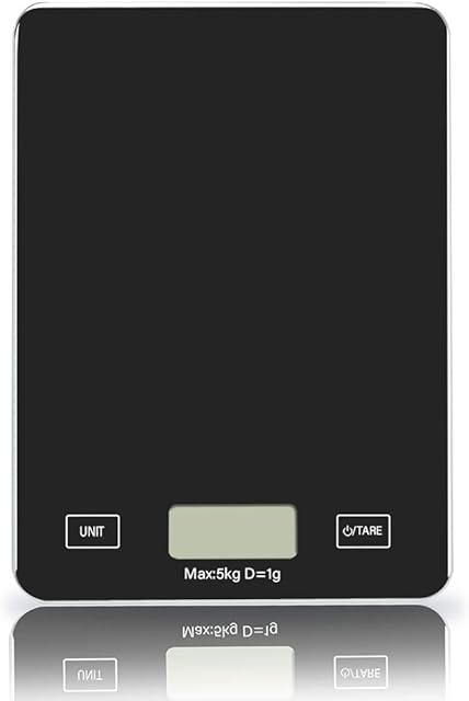 Digital Kitchen Scale Electric Food Weighing Scale with Backlit LCD & Tempered Glass Large Platform, High-Precision Slim-Design Portable Scale, Batteries Included, 11lb/5kg (Black)