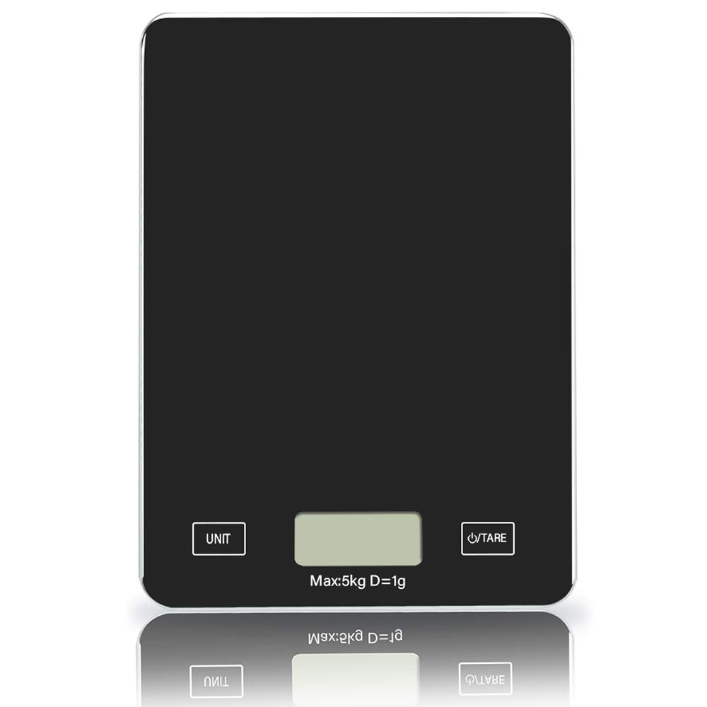 Digital Kitchen Scale Electric Food Weighing Scale with Backlit LCD & Tempered Glass Large Platform, High-Precision Slim-Design Portable Scale, Batteries Included, 11lb/5kg (Black)