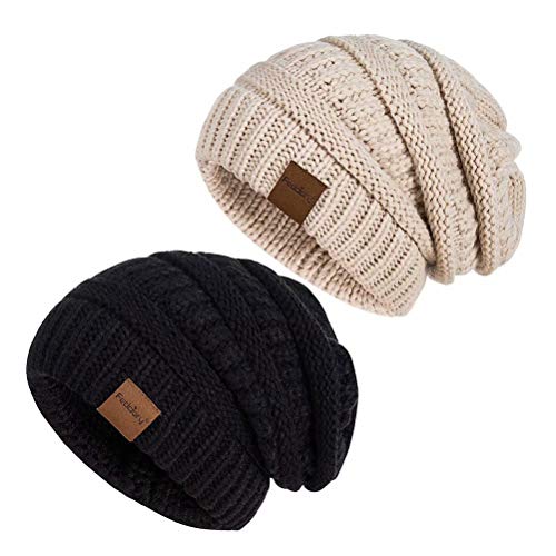 Fedciory Slouchy Beanie Hat for Women, Winter Warm Knit Oversized Chunky Thick Soft Ski Cap (Black+Oatmeal)