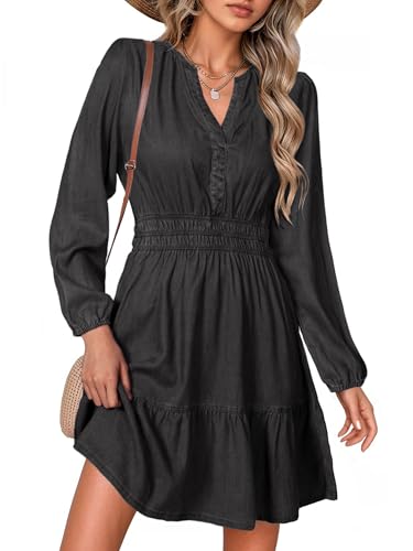 Simplee Womens Fall Denim Dress - Casual Long Sleeve V Neck Empire Waist Ruffle A Line Flowy Short Jean Dresses with Pockets,Denim Black,L