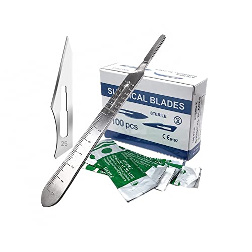 100 Pcs Box Surgical Sterile Blades #25 Made of High Carbon Steel With Stainless Steel Scalpel Handle Knife #4 Graduated Use for Biology Lab Anatomy, Cutting, Med Student, Sculpting, Repairing