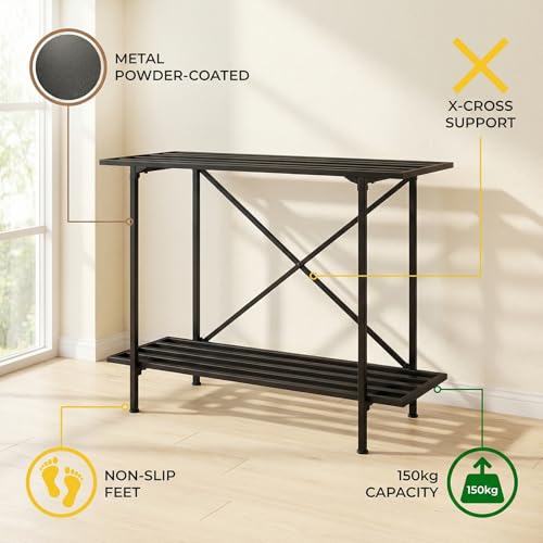 Image of ecofynd Metal Luggage Rack, 2-Tier Space-Saving Travel Organizer, Stable Luggage Holder for Guest Room, Bedroom, Hotel, Holds up to 150 Kg, Strong, Non-Slip Feet, X-Cross Brace at Back (Black)