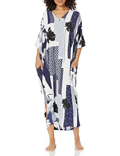 Natori Womens Kabuki Zip Caftan Length 52" Nightgown, Indigo Combo, X-Small Us #TOP6