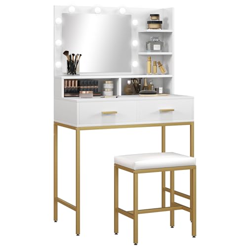 Homcom Postazione Trucco Con Specchio A Luci Led, 2 Cassetti, 5 Ripiani E Sgabello, Toeletta Trucco In Mdf, 80X40X138 Cm, Bianco
