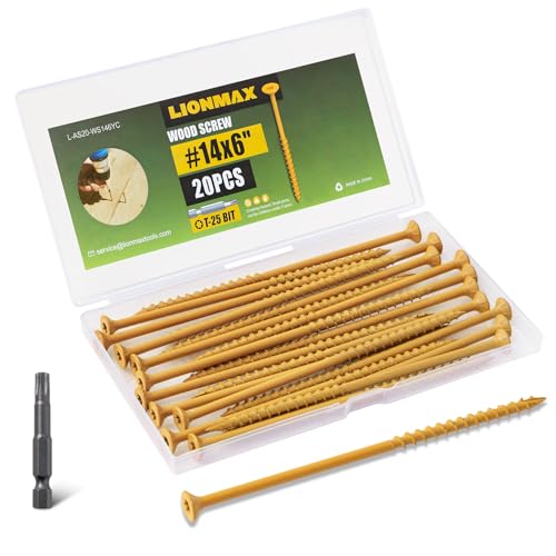 Image of LIONMAX Deck Screws #14 x 6 Inch, 20 PCS, Long Wood Screw, Rust Resistant, Exterior Epoxy Coated for Outdoor Decking /Timber, Torx /Star Drive Head, T30 Star Bit Included