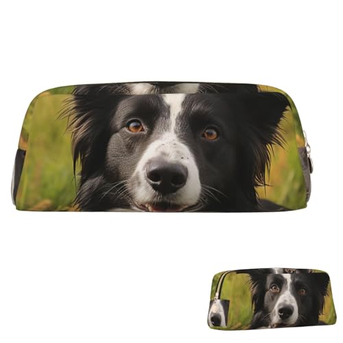 FZQVSLCM 筆箱 レザー ペンバッグ 旅行 メイクバッグ モハド ボーダー コリー 犬 トイレタリーバッグ 携帯コスメバッグ 小銭入れ, ゴールド, One Size