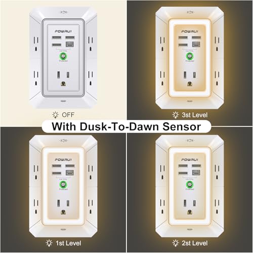 3-Sided Outlet Extender with Night Light - POWRUI Multi Plug Outlet with 5 Outlets and 4 USB Ports(1 USB-C), USB Wall Charger for Home, Office, Travel, ETL Listed, White