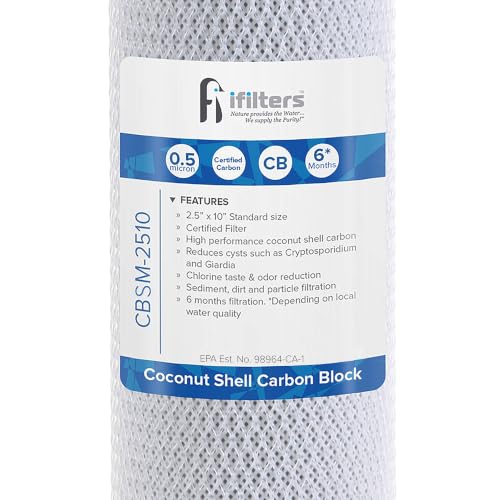 Image of iFilters 0.5-Micron Carbon Block Water Filter - Coconut Shell CTO Drinking Water Filter Cartridge - 10-inch Replacement for Filtration Systems - 2.5 inch x 10 inch (2.5 inch x 10 inch, 4 Pack)