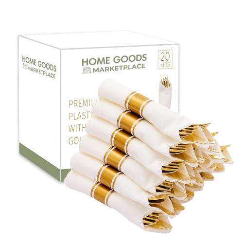 Gold Plastic Silverware Pre-Rolled Sets; Fork, Spoon, and Knife Rolls, Pack of 20 Pre-Rolled Sets