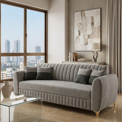 Image of CASASTYLE Signature Velour 3 Seater Sofa Set | Boston Matte Fabric | 40D Foam + Zigzag Spring | 3-Yr Warranty (Light Grey)