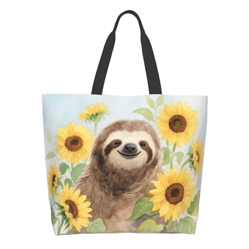 Cafl Watercolor Sloth Sunflower Tote Bag Boho Chic Shoulder Bag Large Reusable Eco-friendly Beach Bags Portable Storage Handbag Convenient for Women Gym Travel Shopping