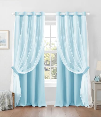 Image of 100% Blackout Sheer Curtains for Bedroom, Blue, 52 x 120 inch, 2 Panels | For Living Room Window, Room Darkening, Thermal Insulated, Grommet Top, Summer Heat Blocking, Double Layer Design