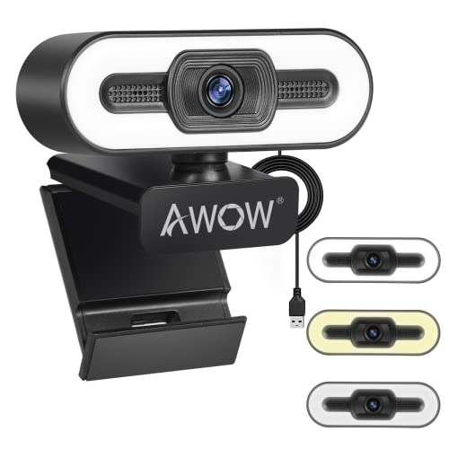 AWOW Webcam 1080P en Direct avec éclairage annulaire et Microphone, USB Webcam avec Grand Angle pour Les appels vidéo, l'apprentissage, Les vidéoconférences et Les Jeux Cover