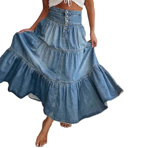 Conshvi Womens Retro Denim Skirt High Waist Frayed Hem Pleated A-Line Long Jean Skirts2