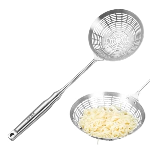 Espumadera con cuchara y filtro - Herramienta de drenaje con ranura resistente al calor, cucharón de espumadera profunda de acero inoxidable, equipo de freidora con mango