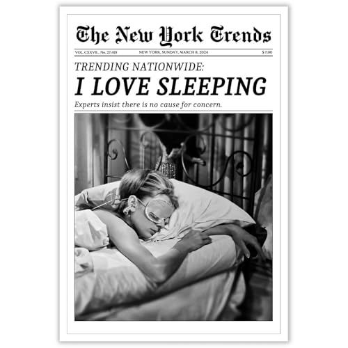 Beshdomp Poster vintage « I Love Sleeping » - Impression sur toile de journal noir et blanc - Impression sur toile pour maison, chambre à coucher, dortoir,...