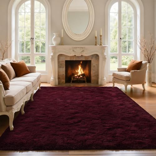 5x8 Red Area Rugs for Living Room Shag Fur Rug, Thick Modern Non-Slip Soft Plush Carpets for Girls Woman Female Wedding Bedroom Home Decor Aesthetic Dark