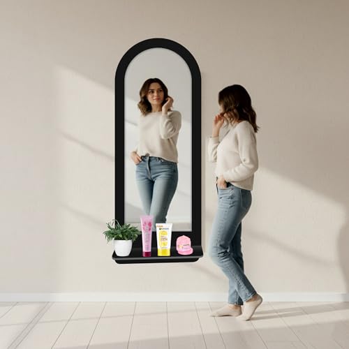 Image of Creative Arts n Frames 15x39 inch Wall Mount HD Framed Mirror with Shelf for Bathroom Bedroom Living Room Home Office Decor Items (Classic Black with Shelf Arch)