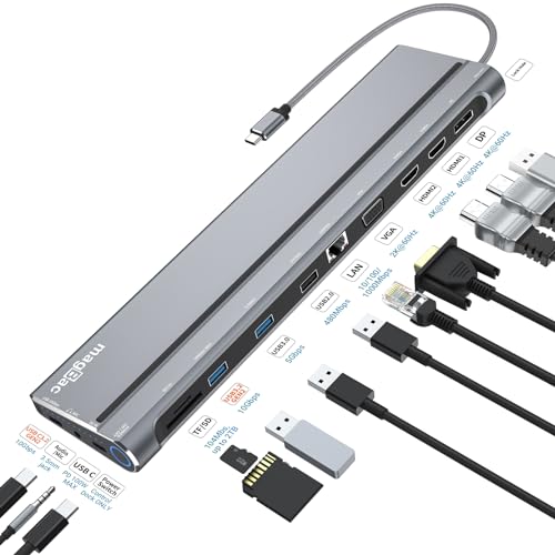 Station d'accueil USB C triple écran, station d'accueil pour ordinateur portable avec double HDMI, VGA, DP, Ethernet, port USB 3.2 Gen2 10 Gbps, 100 W PD, port SD/TF pour ordinateurs portables HP Dell