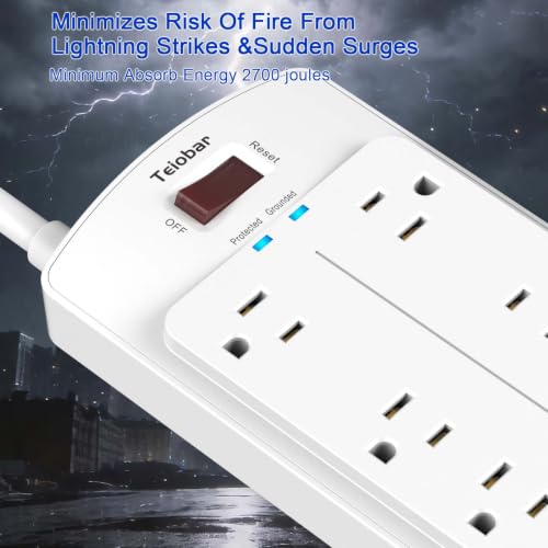 Image of Surge Protector Power Strip - Teiobar Flat Plug Extension Cord with 8 Outlets and 4 USB Ports, 10 Feet Power Cord, 2700 Joules, ETL Listed, White