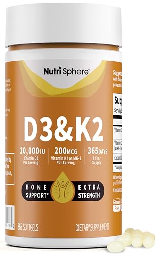 NutriSphere Vitamin D3 & K2 (MK-7) - 10,000 IU + 200 mcg Supplement D&K, Easy to Swallow, Supports...