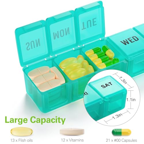 Image of BUG HULL Weekly Pill Organizer Large 2 Packs, Extra Large Travel Pill Organizers, Pill Box 7 Day, Travel Pill Case, Medicine Pill Organizer for Vitamins, Supplements and Medications (Blue+Green)