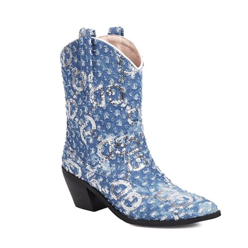 Bottines en jean pour femmes à talons hauts blocs et escarpins pailletés