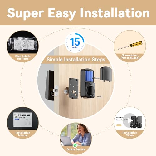 Image of IRONZON Smart Door Lock, 5-in-1 Keypad Deadbolt for Front Door, Keyless Entry Door Lock with App Control, Auto-Lock, Anti-Peeping Password, 4 IC Cards, 15-Min Installation, Black