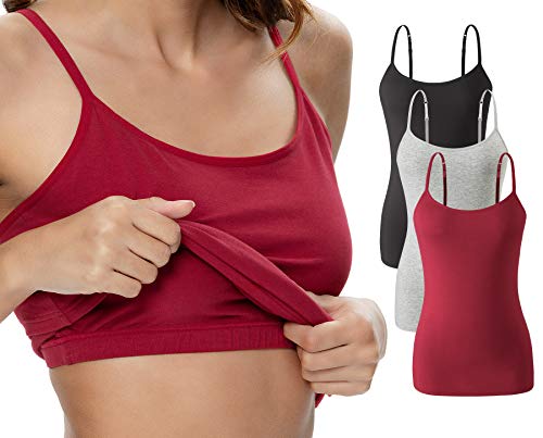 vislivin Damen Unterhemd mit Regal-BH Baumwoll Trägershirt Spaghetti Top Verstellbaren Spaghettiträger Trägertop Schwarz/Grau/Weinrot S Cover