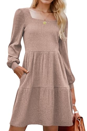 Zeagoo Herbstkleid Damen Langarm Kleid Elegantes Strickkleid mit Taschen Knielange Kleider A Linie Puffärmel für Herbst Winter Khaki XL