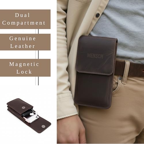 Image of MENSCH Genuine Leather Multifunctional Phone Mobile Pouch Waist Bag with Belt Loop for Accessories, Apple iPhones, Smartphones, Androids Upto 6.7 inch for Daily Use, Travelling for Men & Women (Brown)