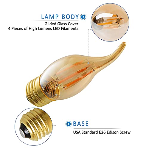 Panlavie Led Filament Candelabra Bulb 4W, Vintage Classic Edison Style, E26 Medium Base Amber Glass Light Bulbs, Gold Tint Flame Tip, 40W Equivalent, Ultra Warm White 2200K, Pack Of 6 #TOP1
