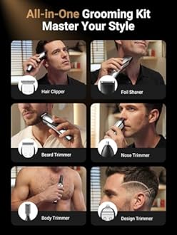 SHPAVVER Beard Trimmer for Men: Professional Barber Hair Clippers - 12-in-1 Cordless Grooming Kit - Waterproof Electric Razor with Turbo Speed & Precision Blades, Silver