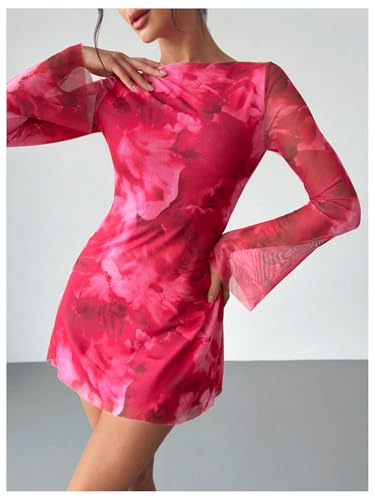 Milumia Women's Floral Bell Long Sleeve Mini Dress Boat Neck Mesh Short Dresses2