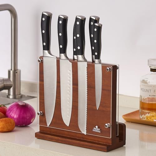 ENOKING Magnetic Knife Block with Acrylic Shield, Double Side Kitchen Knife Holder without Knives- Acacia Wood Universal Knife Storage Organizer with Powerful Magnet for Kitchen Counter