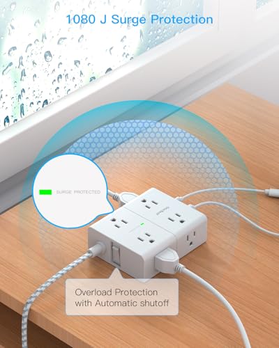 Image of 10 Ft Flat Plug Extension Cord with Multiple Outlets, Surge Protector Power Strip 10 Ft Long Cord, 8 Outlet 4 USB Ports (2 USB C), Multi Outlet Wall Plug for Office, College, Dorm Room Essentials