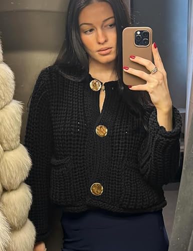 Image of Arssm Womens Cropped Cardigan Sweaters Chunky Open Front Button Down Knit Sweater Long Sleeve Loose Cardigan Outerwear(Black-M)