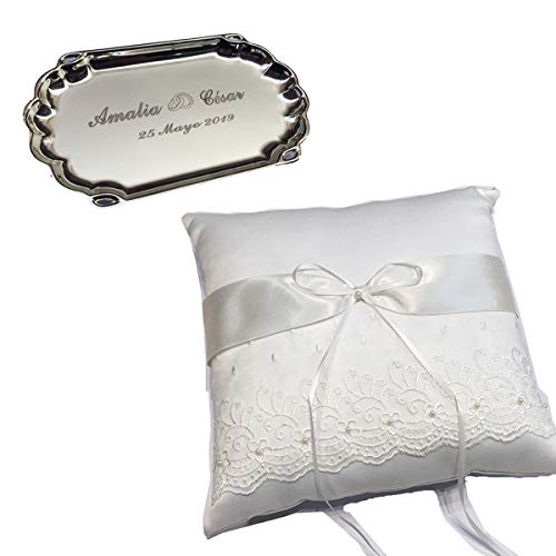 Cojín y bandeja de bodas para alianzas y arras GRABADA con los nombres y fecha