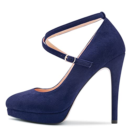 Aachcol Women Pumps Platform Round Toe Ankle Strap Stiletto High Heel Dress Shoes Sandals Wedding Suede 5 Inch2