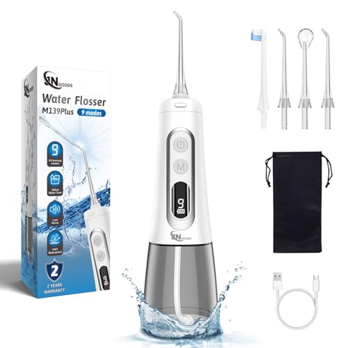 JNGOODS �E�H�[�^�[�f���^���t���b�T�[ ���o���� JNGOODS 300ml �[�d���E�H�[�^�[�t���b�T�[ ���p IPX7 �h�� 9���[�h �|�[�^�u�����o���� LED�f�B�X�v���C �W�F�b�g�`�b�v4�t�� ���s�p����p (�z���C�g)