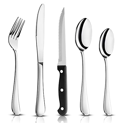 Joyfair 32 Piece Cutlery Sets + 8 Piece Steak Knives, Stainless Steel 40 Pcs Silverware Flatware Set with Fork Knife Spoon, Service for 8, Home/Camping/Party, Mirror Finished & Dishwasher Safe